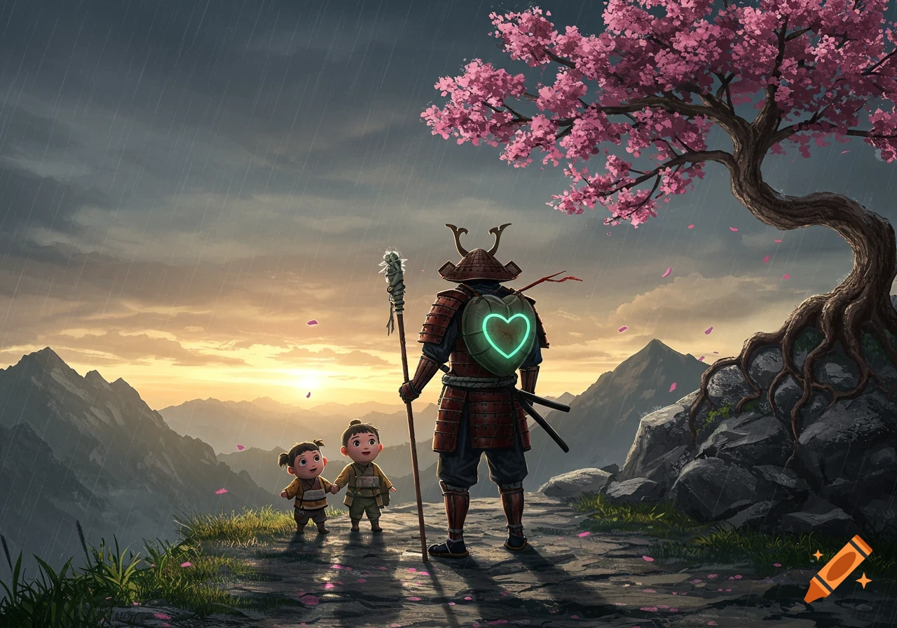 Stylized image of a samurai with a glowing heart pack and two children walking on a mountain path under a stormy, sunrise sky with a cherry blossom tree.