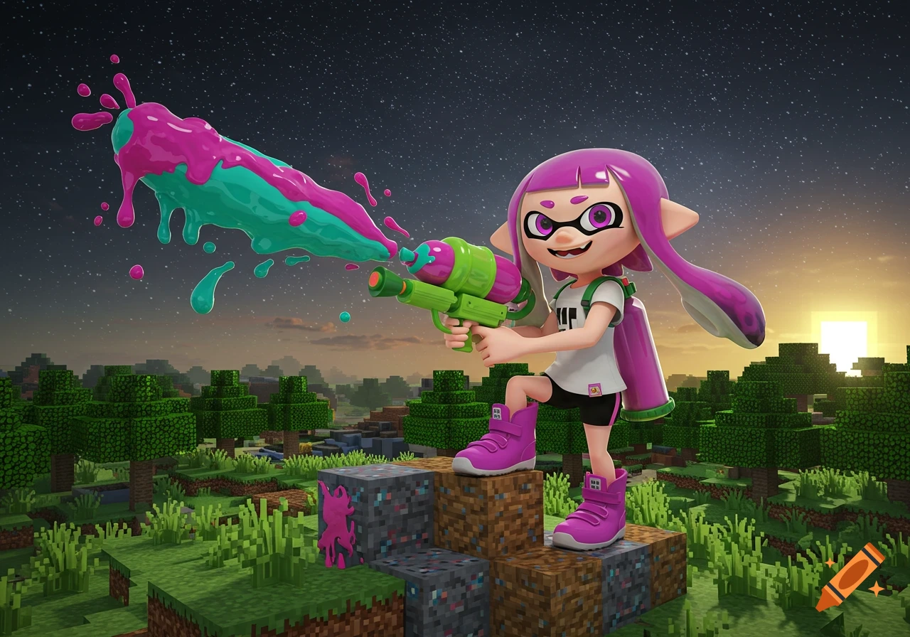 A purple-haired Inkling girl from Splatoon holds a bright green splat weapon in a blocky Minecraft landscape at sunset.