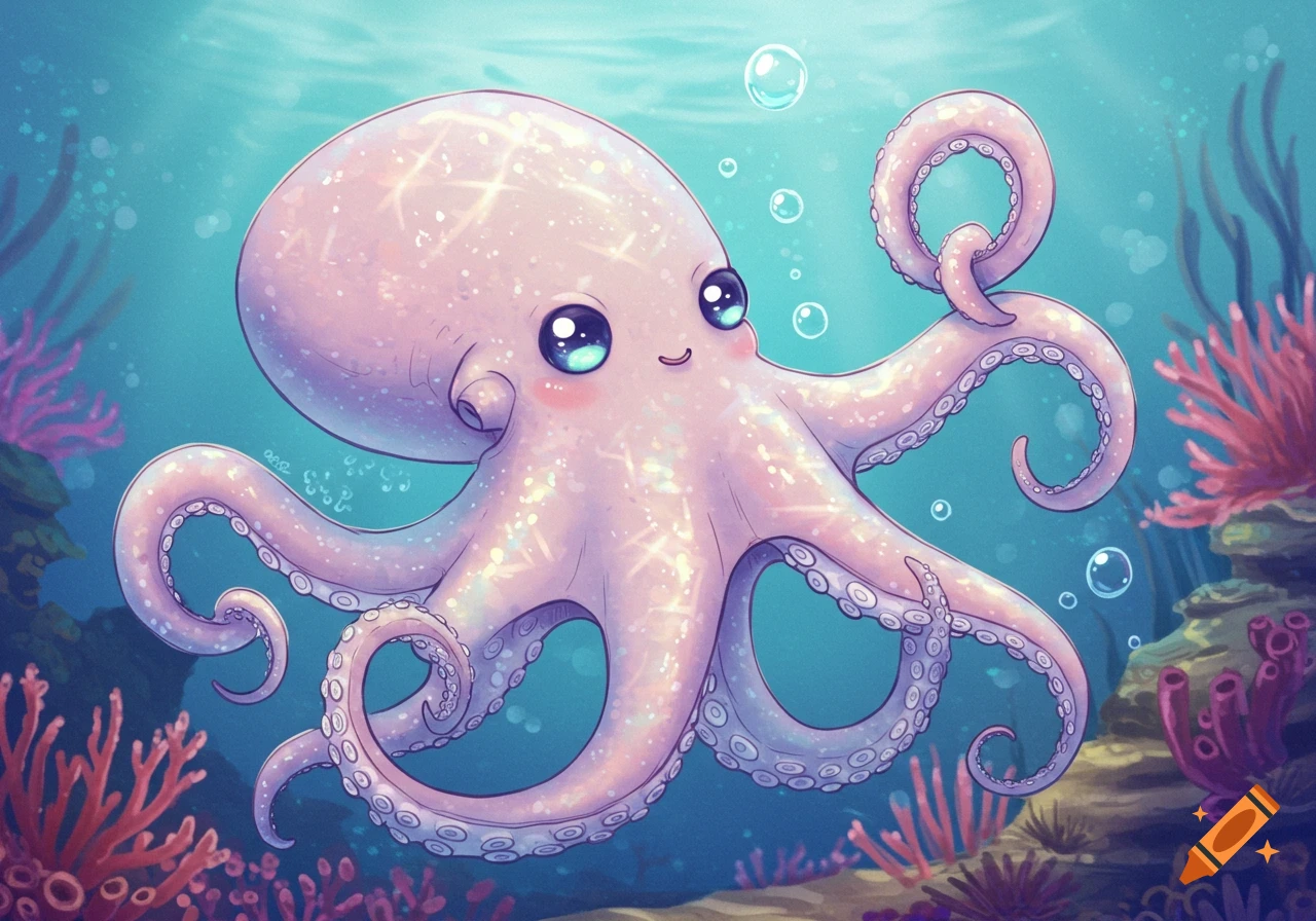 A cute, sparkling pink and purple cartoon octopus with big blue eyes smiles underwater among colorful coral and bubbles.