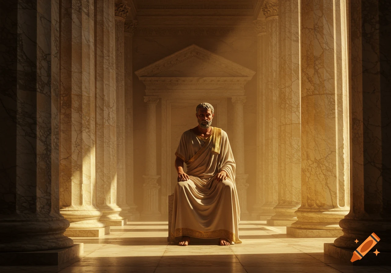 A bearded man in a white toga sits contemplatively between grand marble columns in an ancient temple, bathed in golden light.