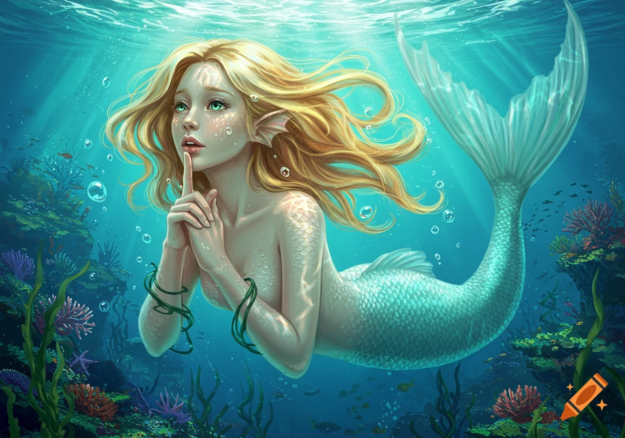 A beautiful blonde mermaid with green eyes holds a finger to her lips in a shushing gesture, swimming in a vibrant underwater coral reef.