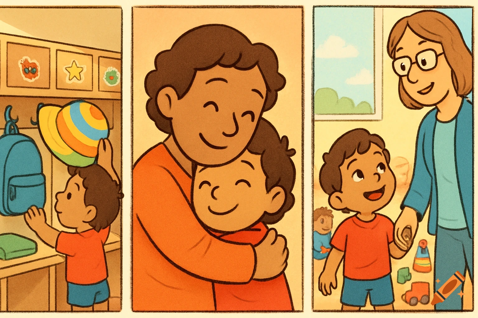 A three-panel illustration shows a child arriving at daycare: hanging a hat, hugging a parent, and holding an educator's hand.