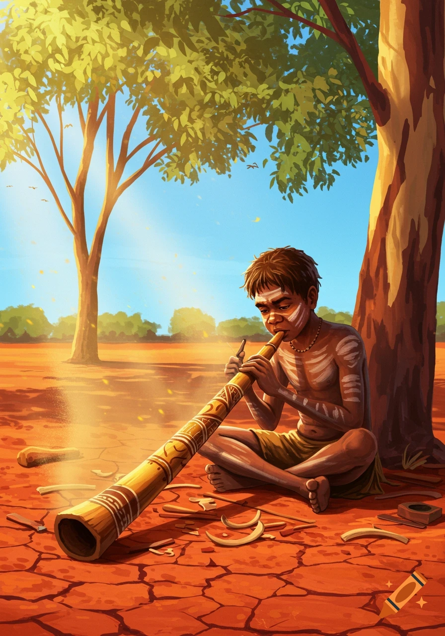An Indigenous boy with white face paint sits under a tree, playing a didgeridoo in a dry, red landscape. Illustrated.