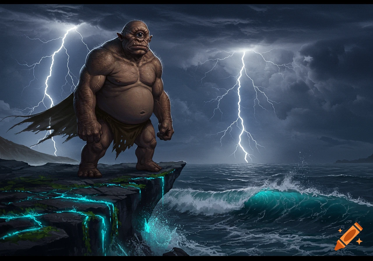 A muscular cyclops stands on a glowing cliff overlooking a stormy sea as lightning strikes a dark sky.