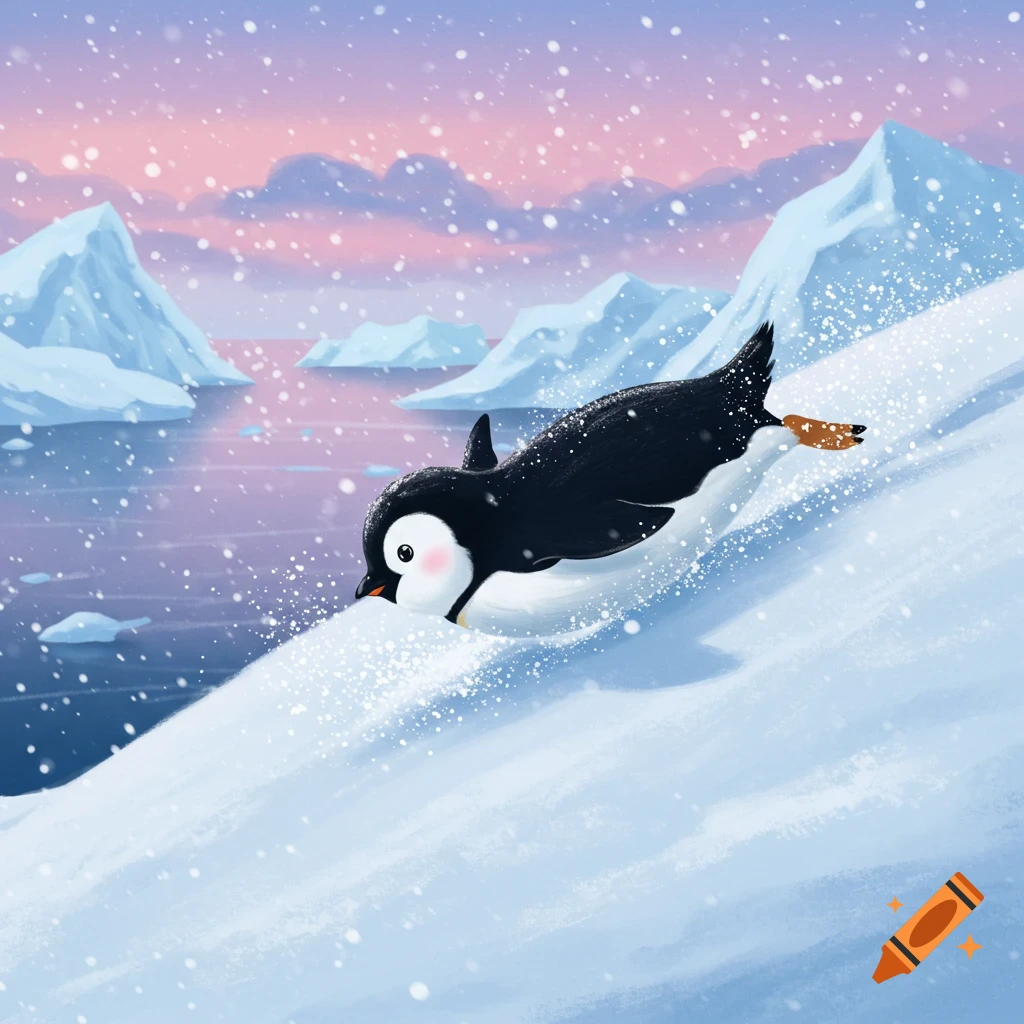 A cute cartoon penguin slides on its belly down a snowy hill, with mountains and a pink and purple sky in the background.