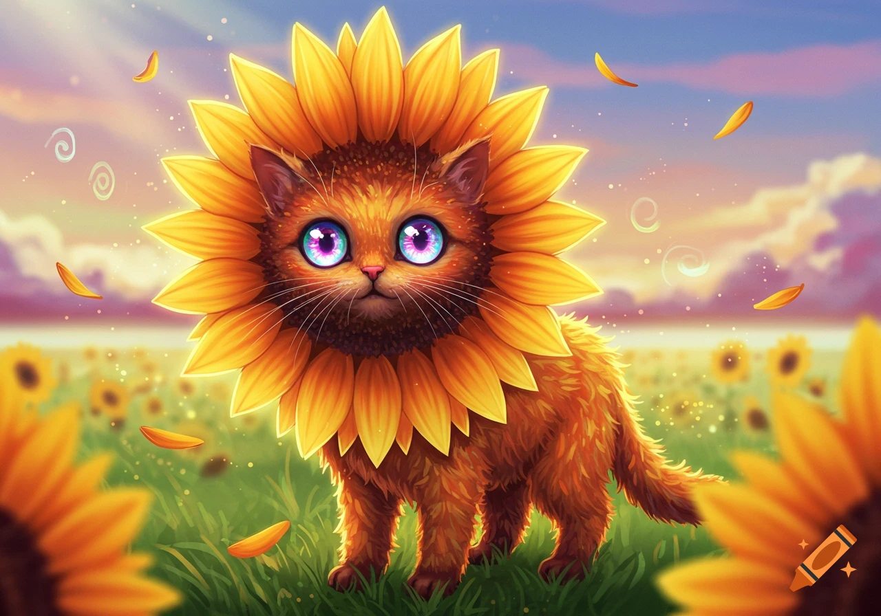 A cute fluffy cat with a sunflower head and big, bright blue eyes stands in a field of sunflowers under a colorful sunset sky.
