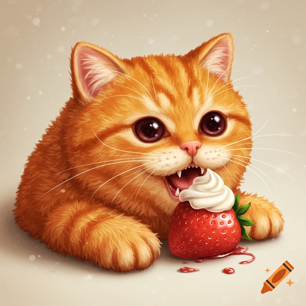 A cute ginger cat with big eyes eagerly biting into a large strawberry topped with whipped cream, rendered in a sweet, detailed style.