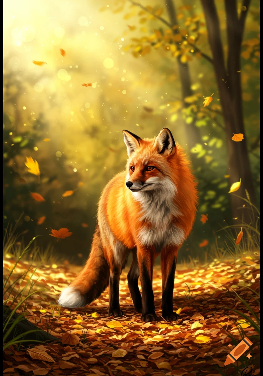 A red fox stands among golden autumn leaves in a sunlit forest.