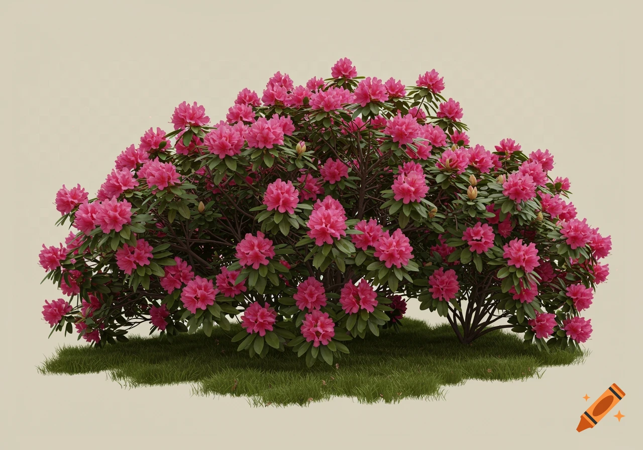 A large rhododendron bush with vibrant pink flowers and green foliage, growing in a patch of green grass against a plain light background.