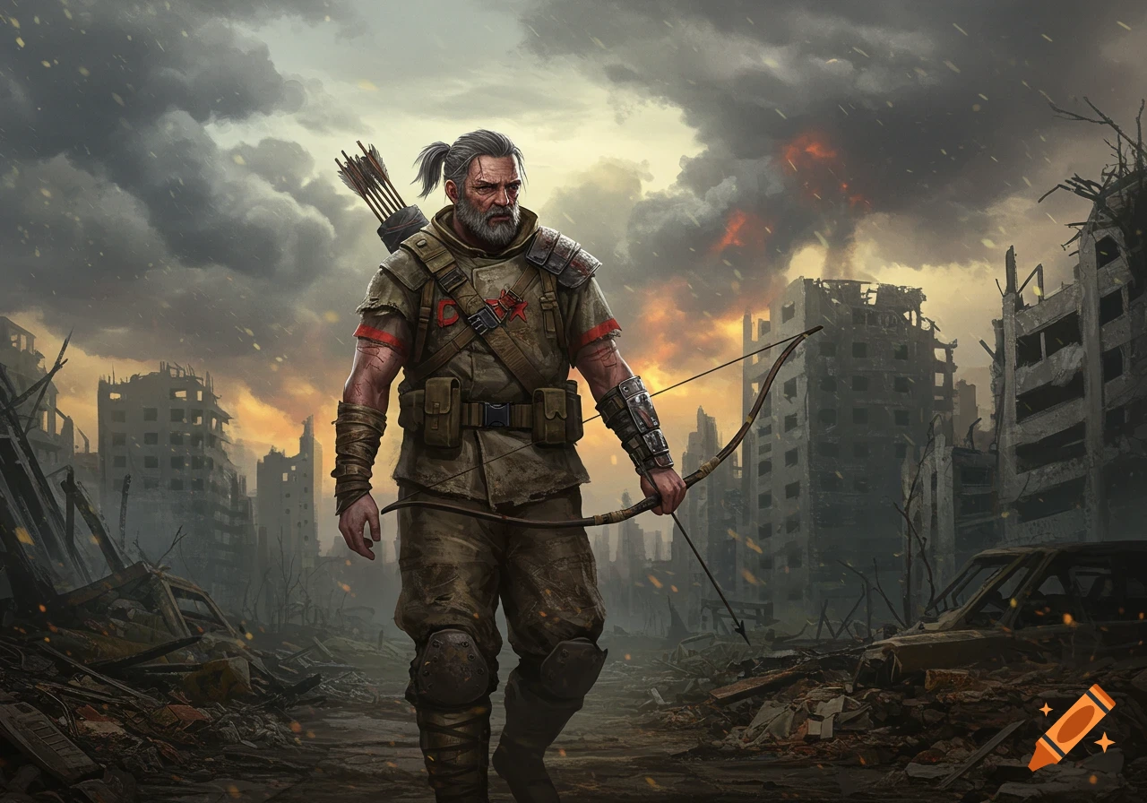 A grizzled post-apocalyptic survivor with a ponytail and beard walks through a ruined city, holding a bow and arrow quiver.