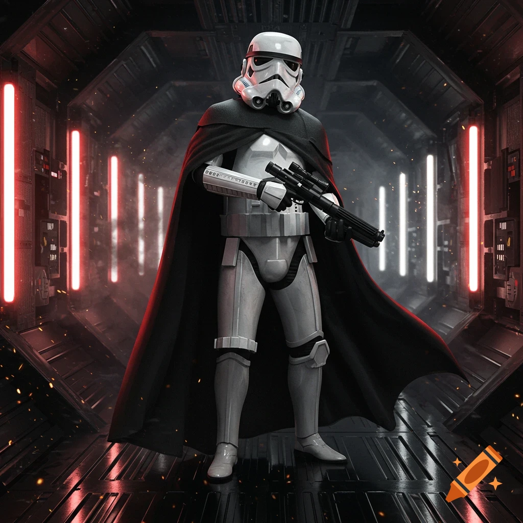 A Stormtrooper in a black cape holds a blaster in a dark, futuristic corridor with red lights. Photorealistic style.