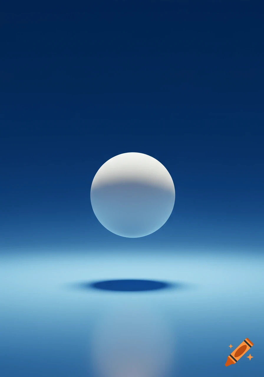 A white sphere floats above a light blue reflective surface against a dark blue background in a minimalist 3D render.