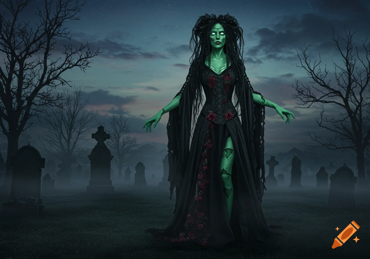 A green-skinned zombie goddess with glowing eyes and long dark hair stands in a misty graveyard at night, wearing a black dress with red roses.