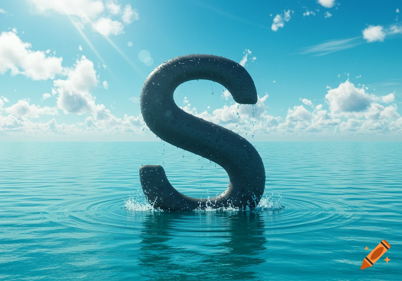 A large dark letter 'S' emerges from calm turquoise ocean water under a sunny blue sky.