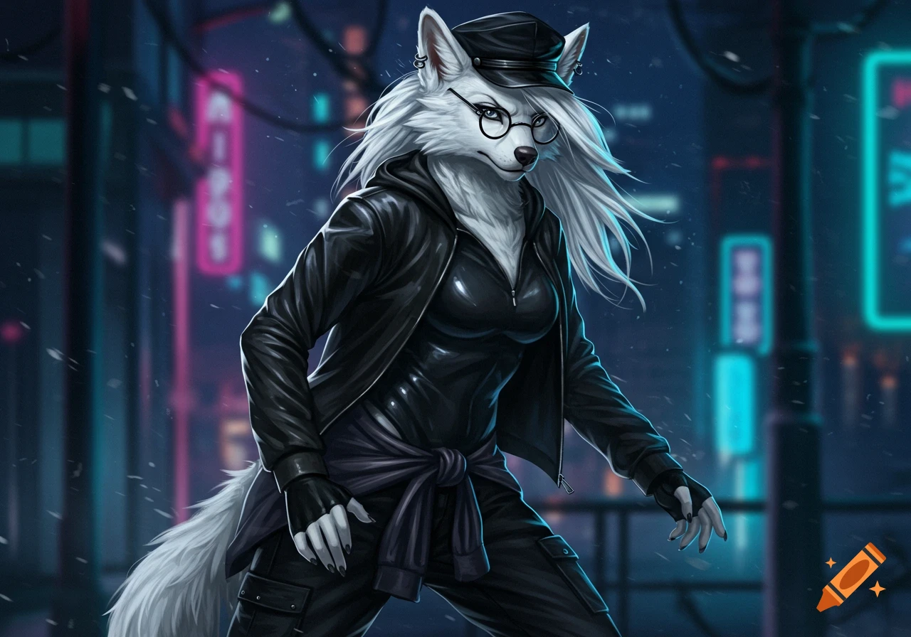 An anthropomorphic white dire wolf with long hair and glasses, wearing a black leather cap and bodysuit, walks through a neon-lit cyberpunk city in digital art style.
