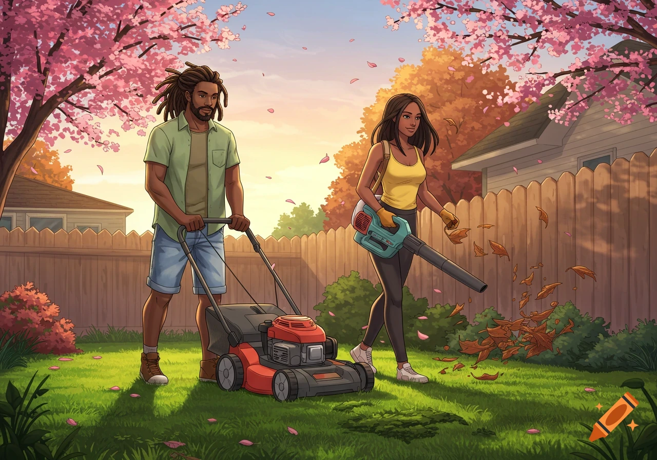 A Black man with dreadlocks mows a lawn while a Black woman with straight hair uses a leaf blower in an anime-style backyard during spring.