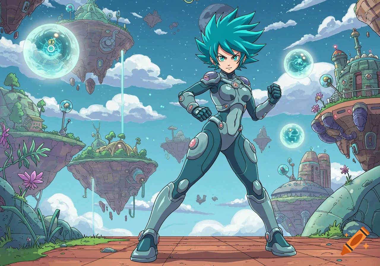 Anime-style female in sci-fi suit stands on a floating island against a sky of other floating islands and a moon.