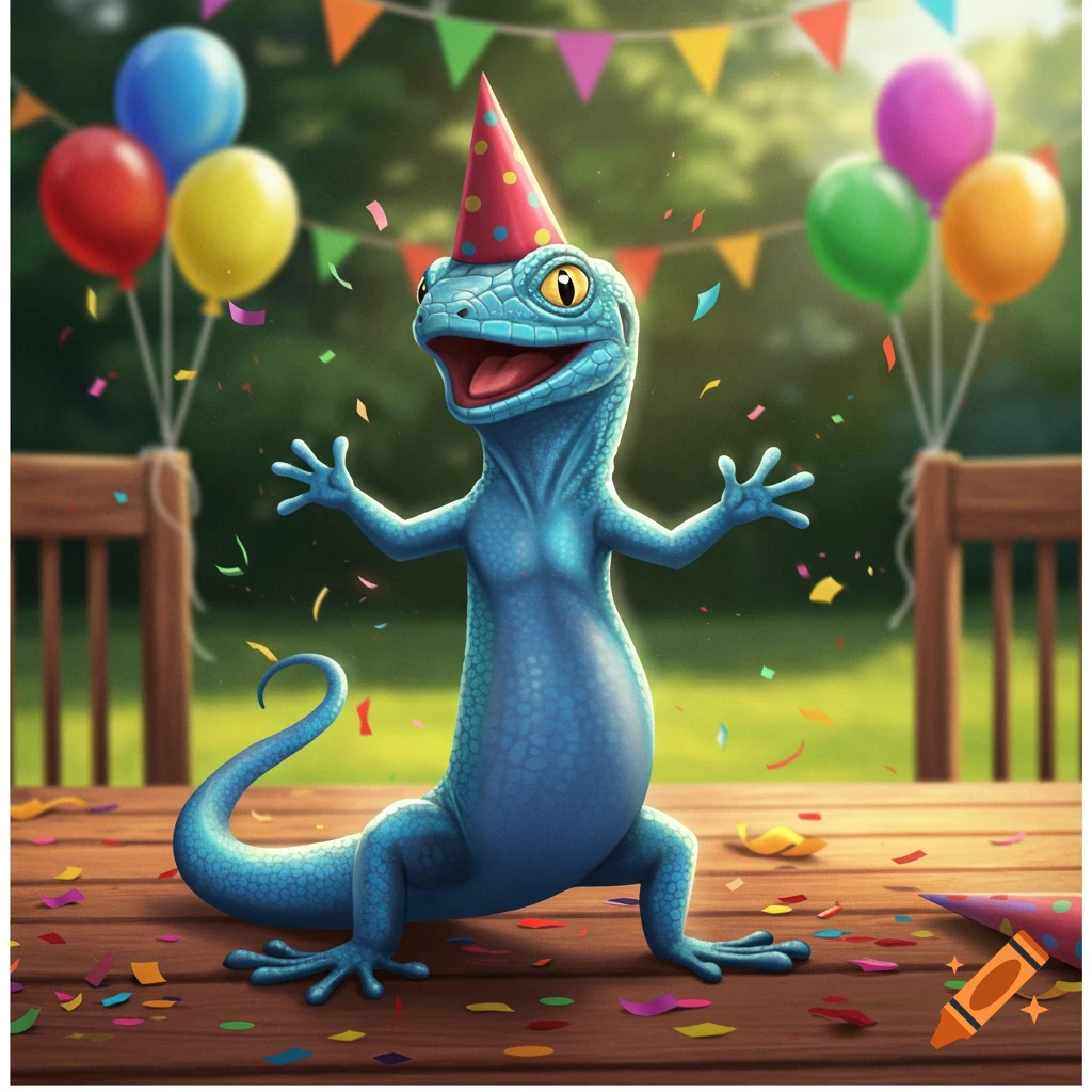 A cheerful blue cartoon lizard wearing a red birthday hat stands on a wooden table with confetti, balloons, and banners.