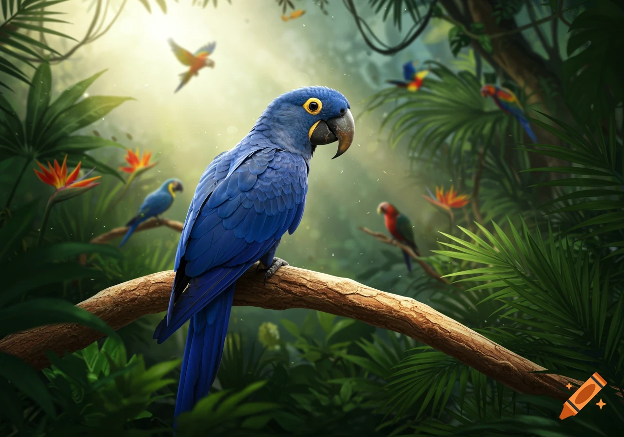 A vibrant blue macaw parrot perches on a branch in a lush, sunlit jungle, with other colorful parrots and tropical plants in the background.