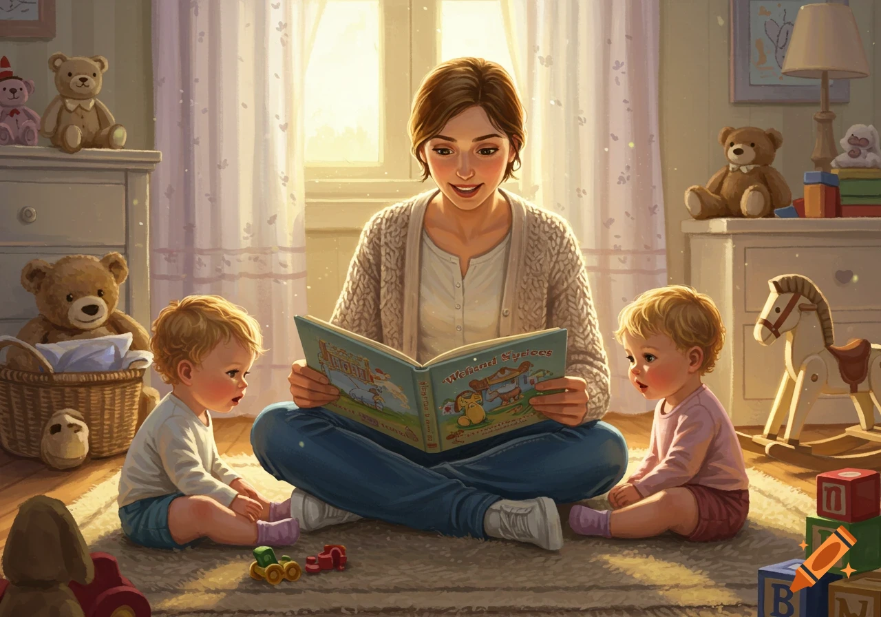 An illustration of a woman reading a storybook to two toddlers sitting on the floor in a sunlit nursery filled with toys.