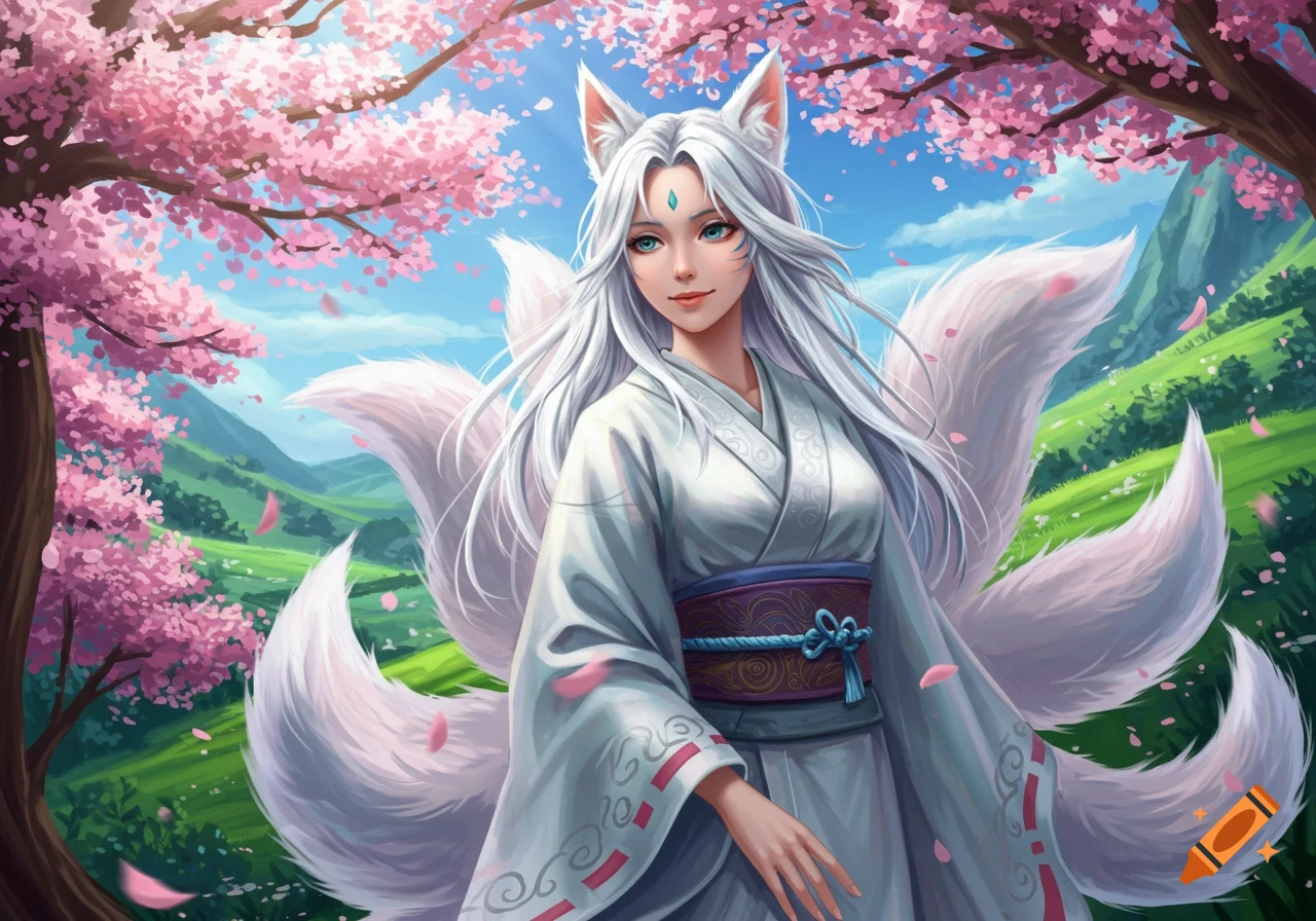 A white-haired kitsune woman with teal eyes, wearing a white kimono, smiles under pink cherry blossoms in a vibrant fantasy landscape.
