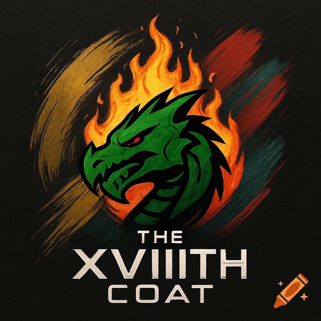 A logo featuring a green dragon head with red eyes emerging from orange flames, above "THE XVIIITH COAT" text.