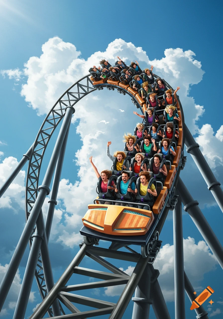 A long roller coaster train full of people screaming and cheering as it goes over a steep drop against a blue sky with white clouds.
