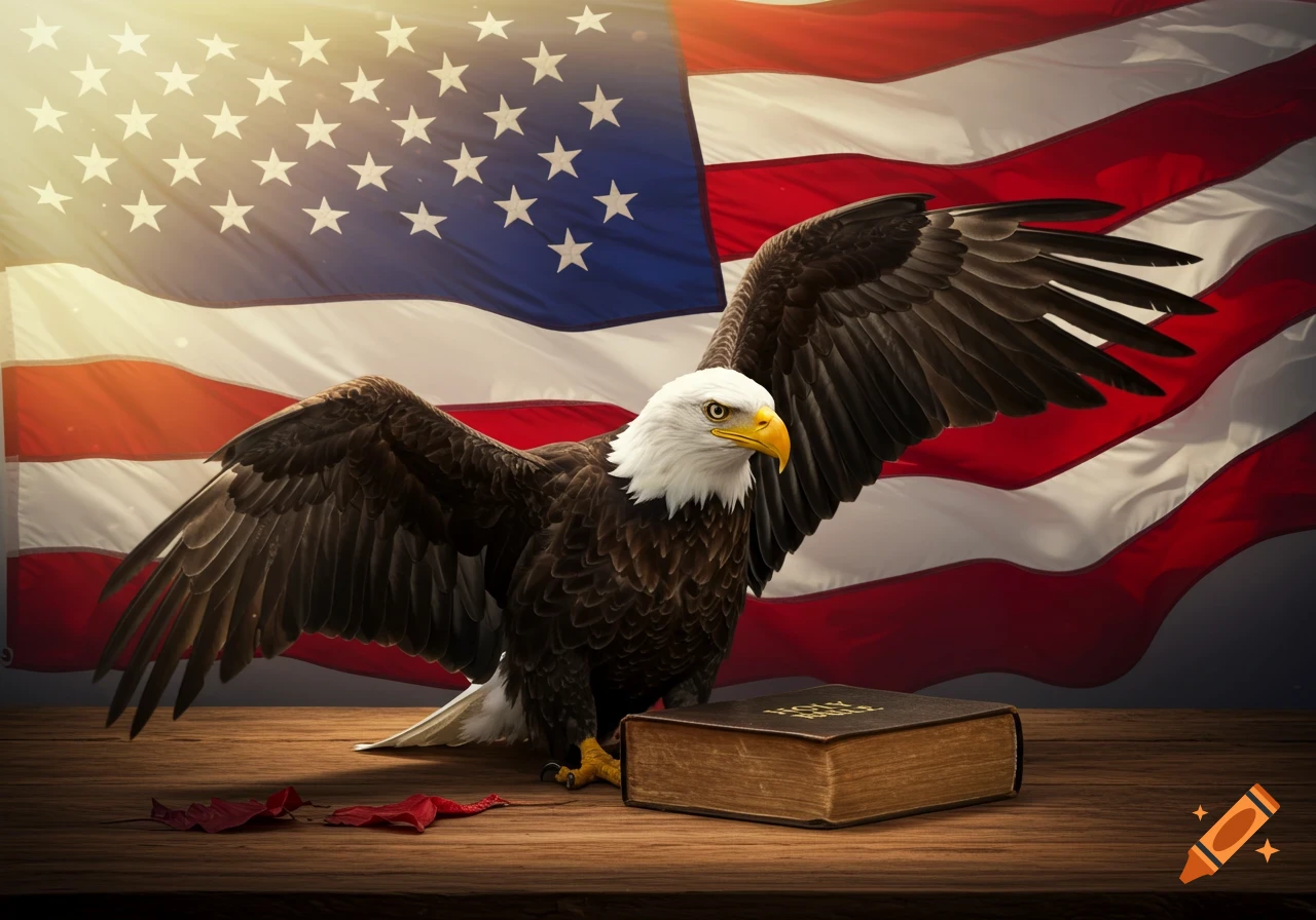A bald eagle with spread wings stands on a wooden table next to a Bible, in front of a waving American flag.