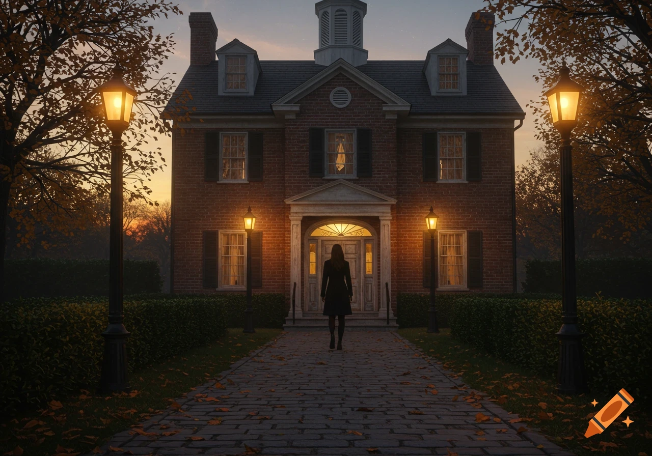 A woman walks down a cobblestone path towards a brick house at dusk, illuminated by glowing lanterns and surrounded by autumn leaves.