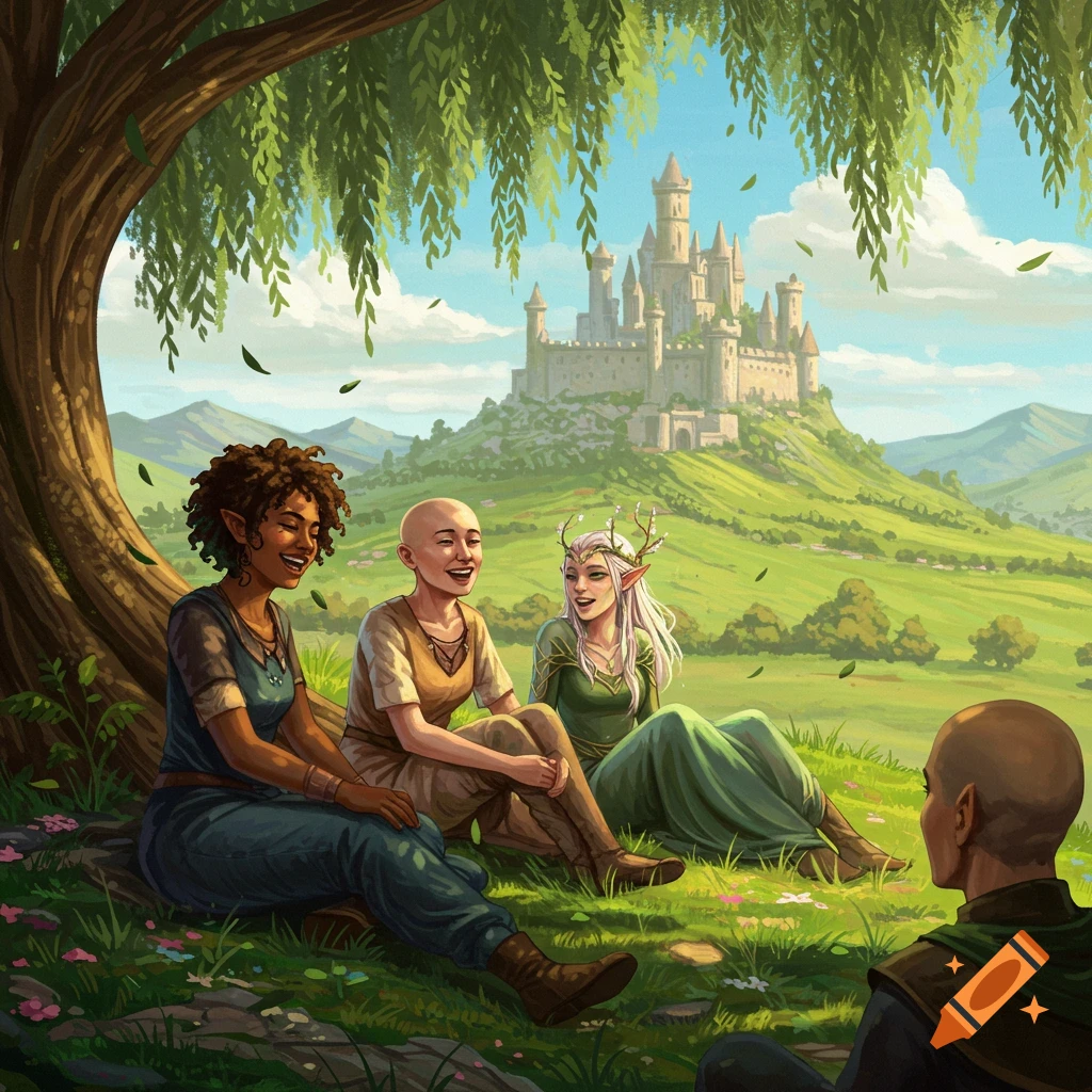 Four fantasy figures, including humans and elves, are relaxing under a willow tree with a large castle on a hill in the background.