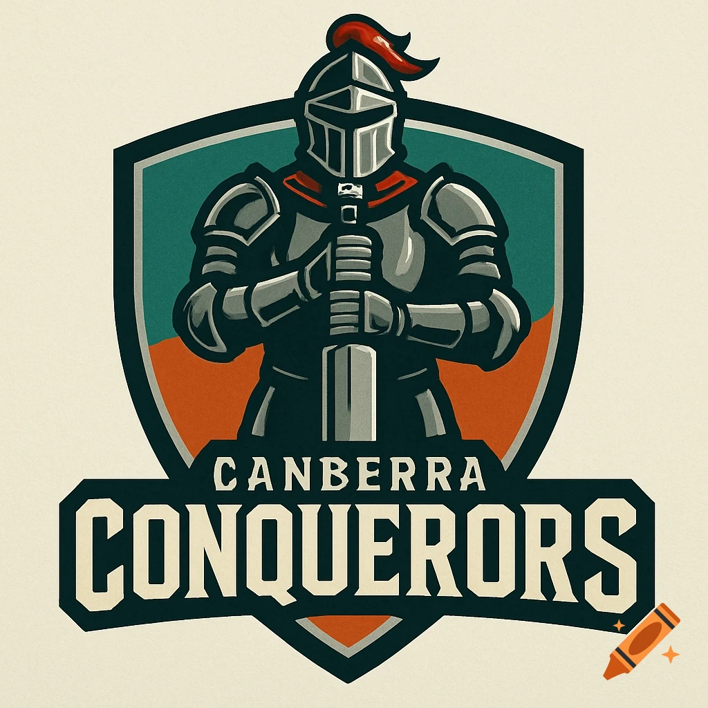 Logo for Canberra Conquerors cricket team featuring a medieval knight in full armor holding a sword within a shield, in green, orange, and grey.