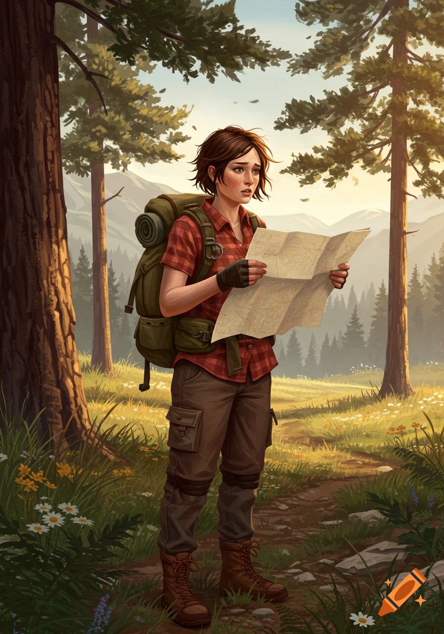 A confused young woman hiker with a backpack examines a map on a forest trail, digital illustration.
