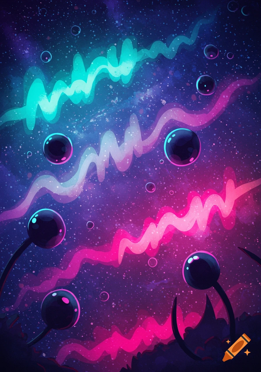 A vibrant abstract illustration with bright neon blue and pink wavy lines, dark spheres, and small bubbles on a starry purple and blue galaxy background.