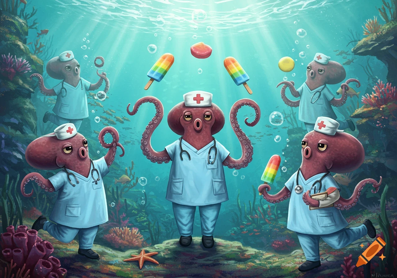 Cartoon octopuses in doctor scrubs holding popsicles underwater in a vibrant coral reef with fish.