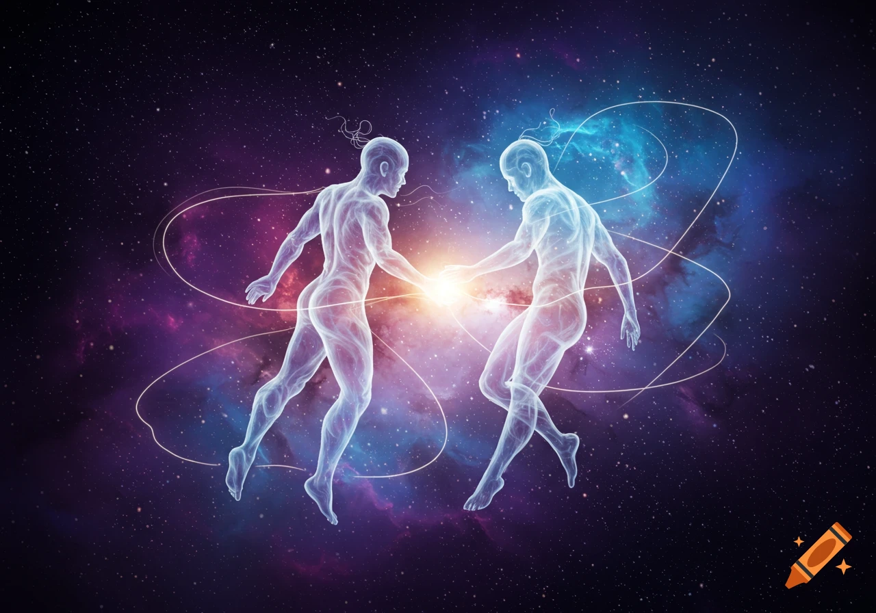 Two luminous, translucent figures reaching out to touch hands amidst a vibrant, star-filled nebula, symbolizing spiritual connection.