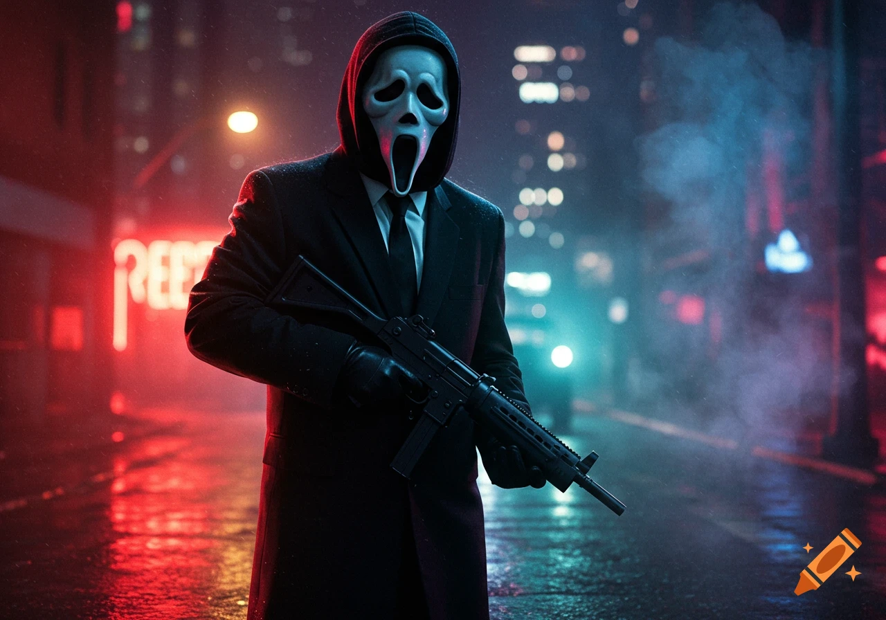 Ghostface in a suit holds a rifle on a rainy, neon-lit city street at night, in a noir style.