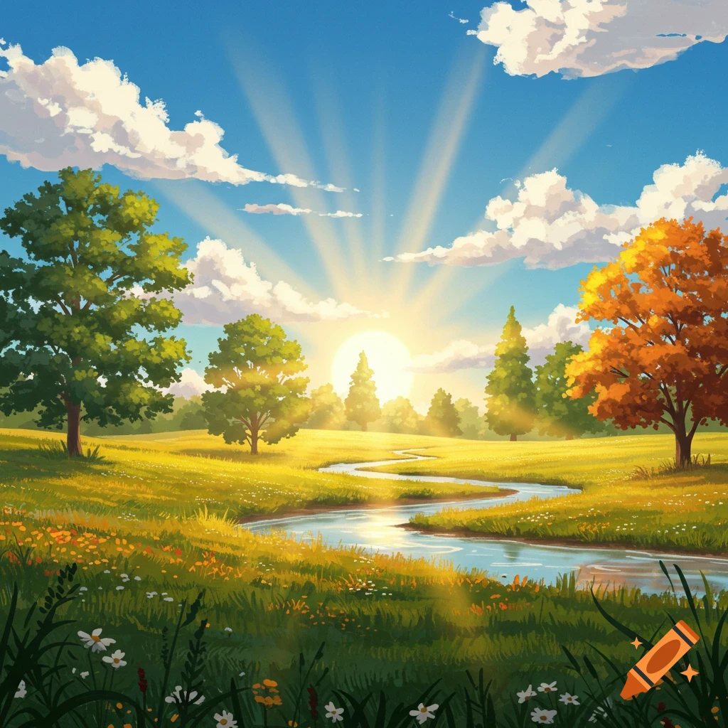 A vibrant, illustrative landscape with a winding river, lush green and autumn trees, and a bright sun with rays under a blue, cloudy sky.