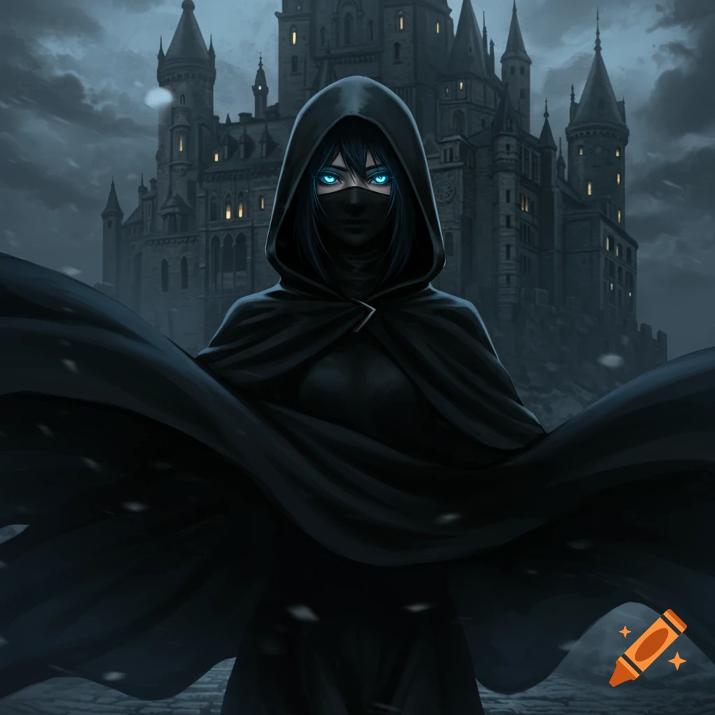 An anime woman in a black cloak and mask with glowing blue eyes stands before a dark, ominous castle.