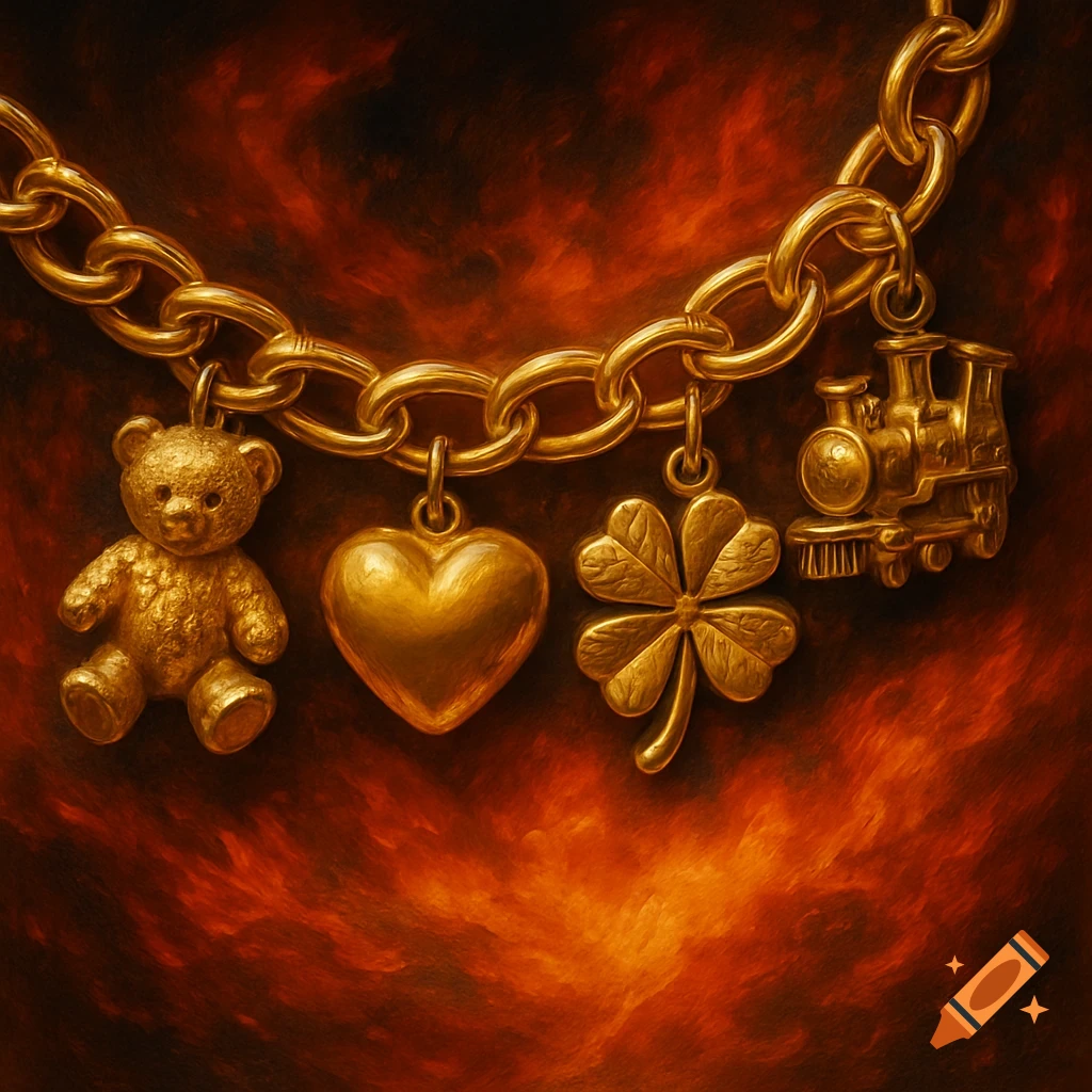 A gold chain with gold charms of a teddy bear, heart, four-leaf clover, and train against a fiery background.