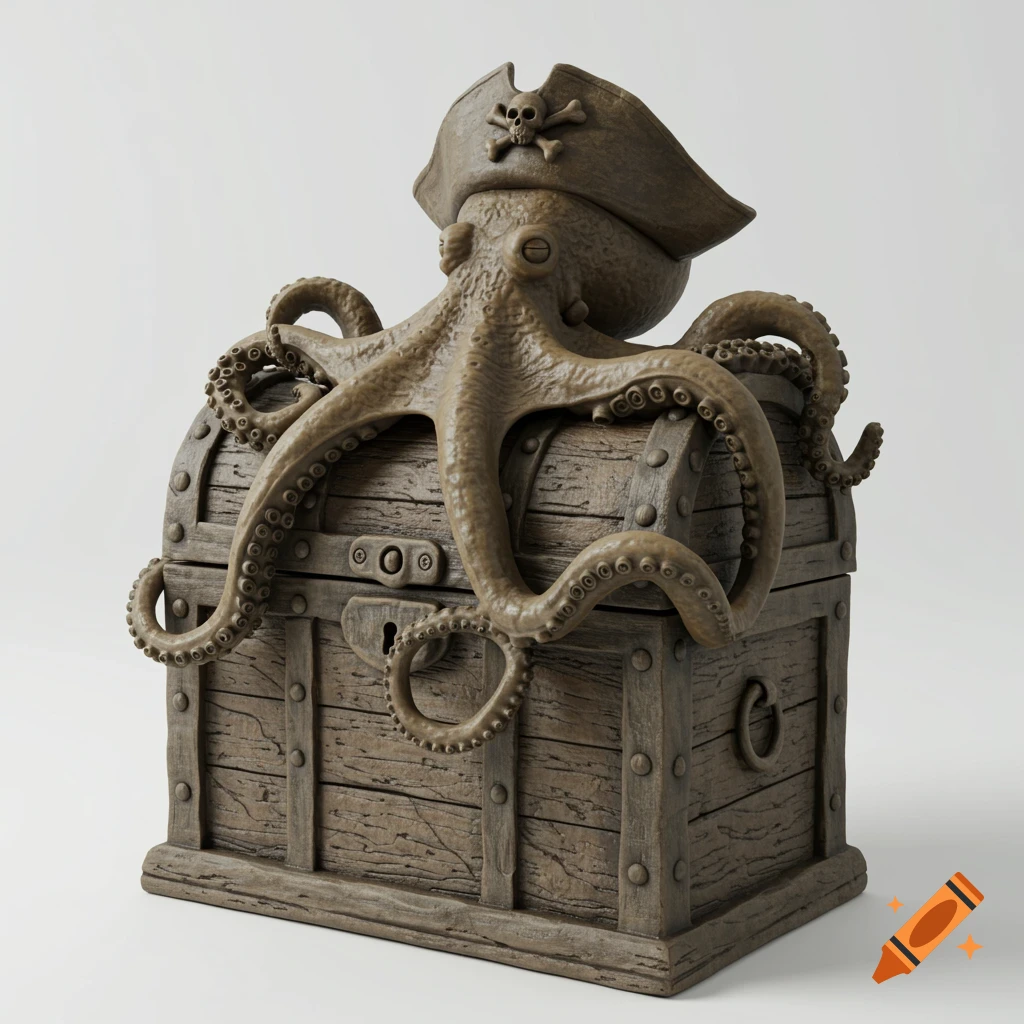 A brown resin model of an octopus wearing a pirate hat, perched atop a wooden treasure chest.