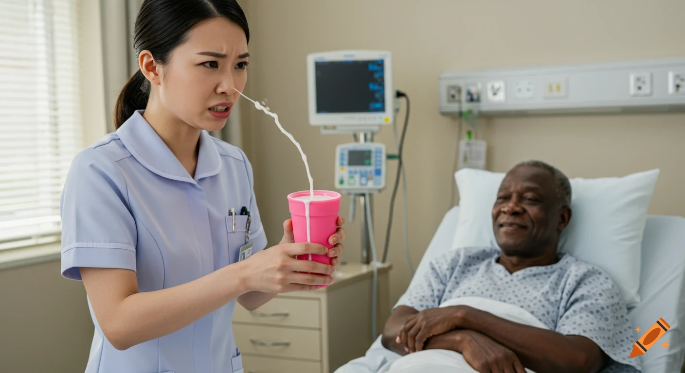 A disgusted nurse holding a pink cup as milk streams from her nose, while an old man smiles in a hospital bed. Photorealistic.