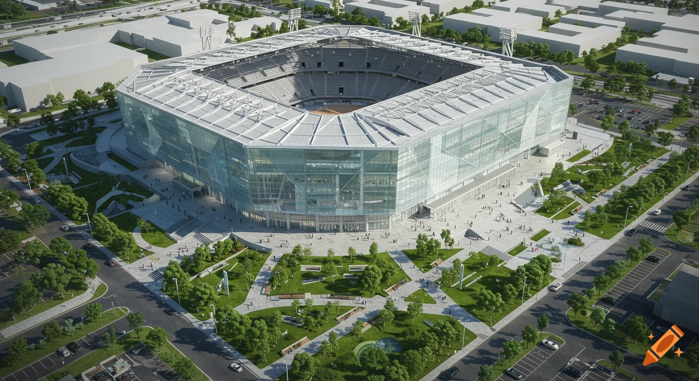 Aerial view of a modern glass and steel stadium surrounded by green spaces, a pedestrian plaza, and parking lots.