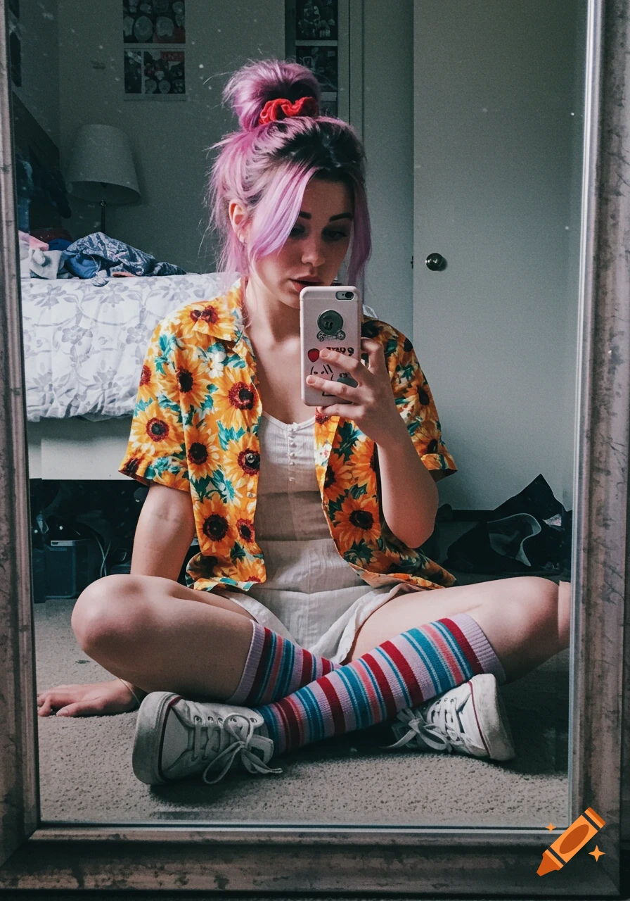 A young woman with pink hair sits cross-legged on the floor, taking a mirror selfie with her phone.