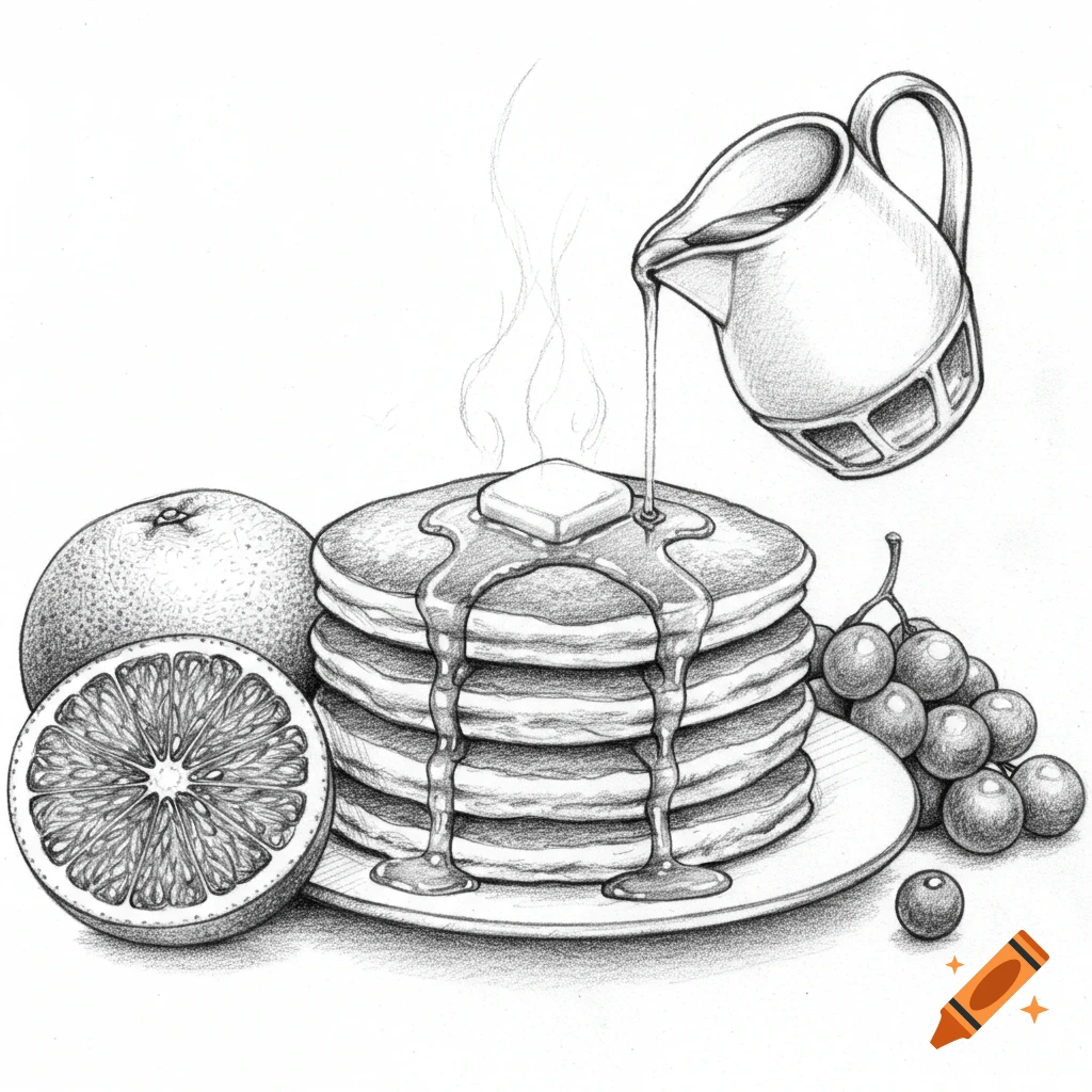 Black and white pencil sketch of pancakes with syrup and butter, an orange, and grapes.