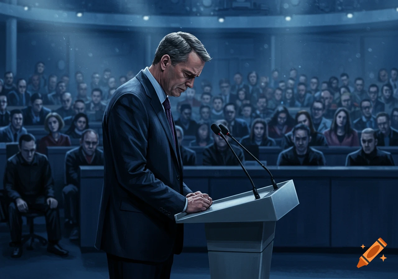 A remorseful man in a suit stands at a podium, head bowed, addressing an angry audience in a dimly lit auditorium.