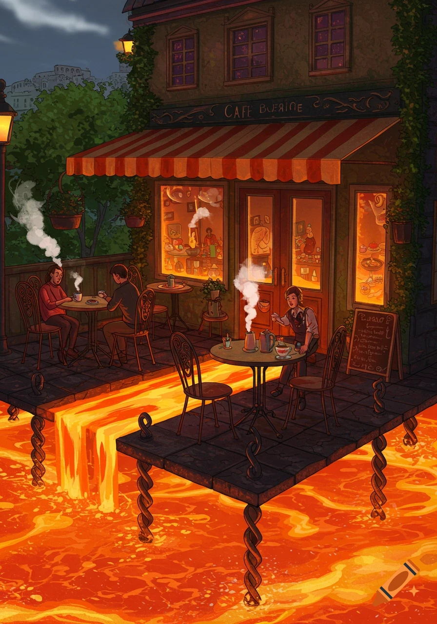 An illustrated cafe with patrons dining on platforms above a river of flowing lava.