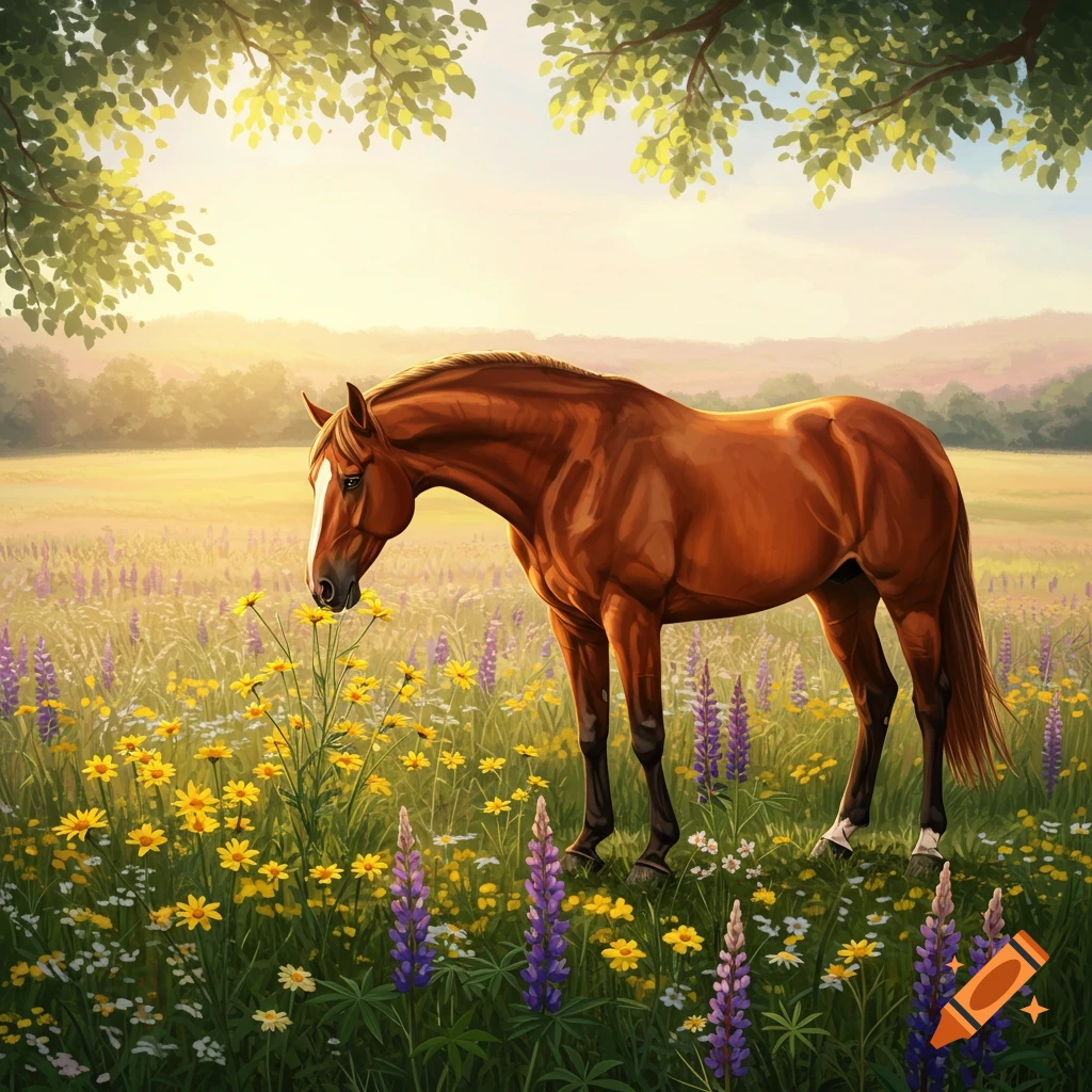 A chestnut horse sniffs yellow and purple wildflowers in a sunny field under green tree branches.