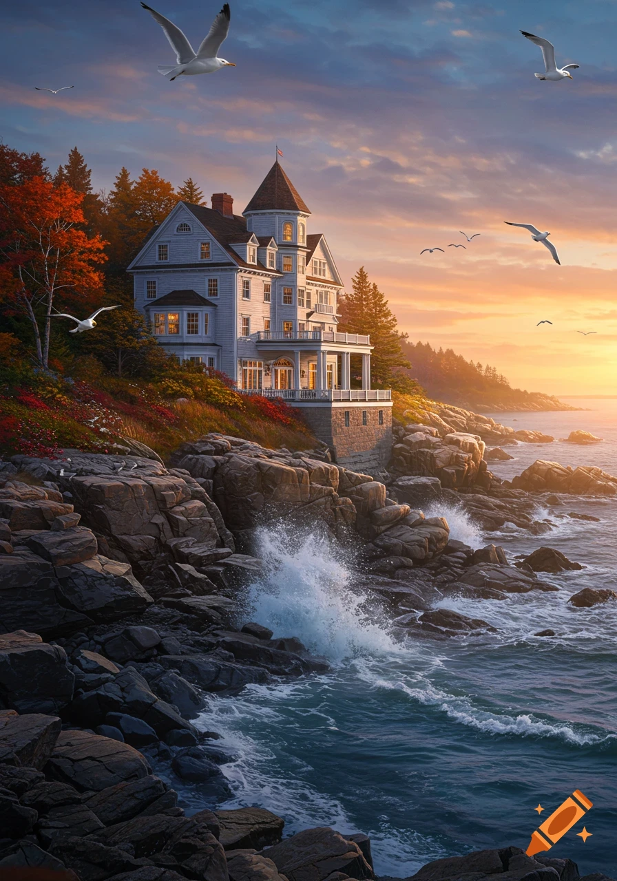 Photorealistic image of a grand mansion on a rocky Maine coast at sunset, with waves crashing against the rocks and seagulls flying.