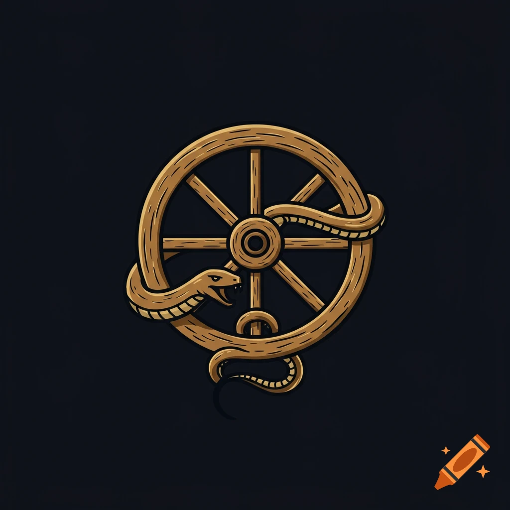 A stylized golden snake with black outlines wrapped around a wooden wagon wheel on a dark background, in a minimalist logo style.