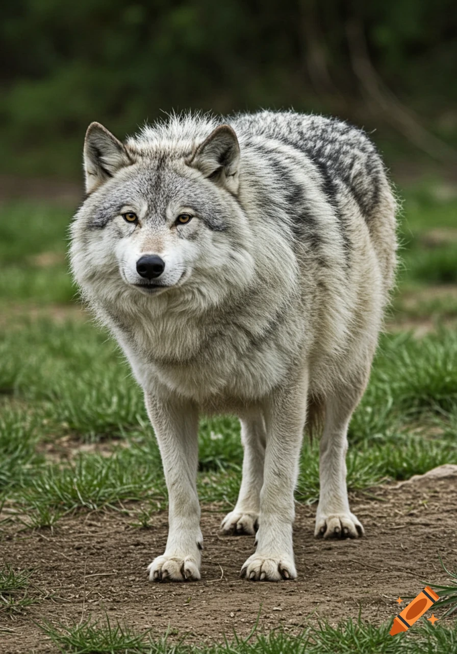 A photorealistic depiction of a majestic gray wolf standing in a grassy field, looking directly at the viewer.